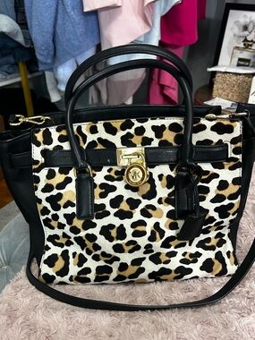 Michael Kors Black and Leopard-Print Satchel with Gold Hardware